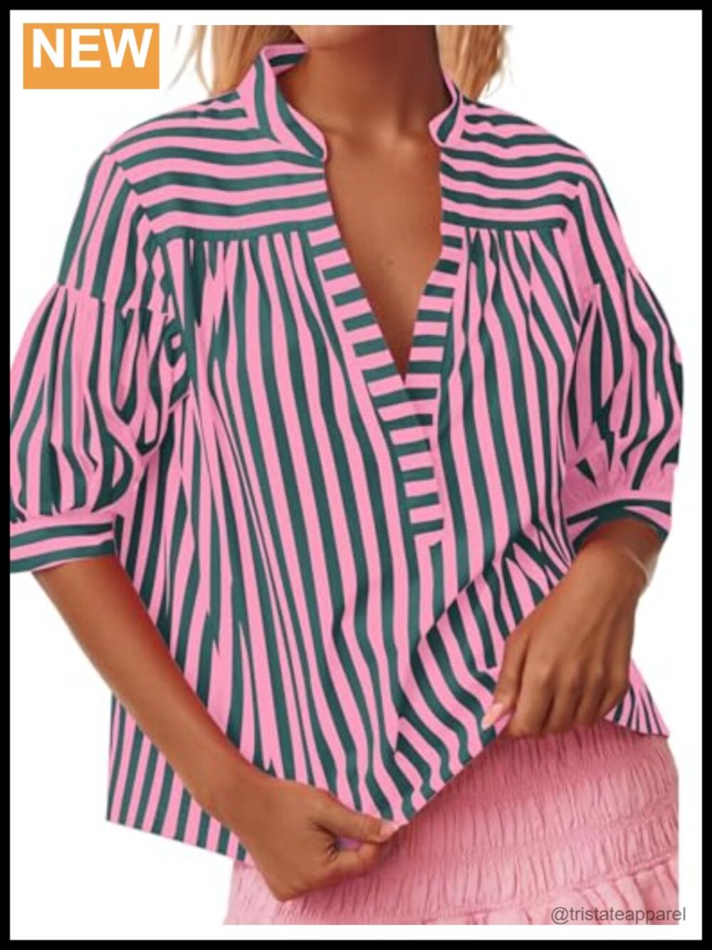 Women's Puff Sleeve Striped V-Neck Blouse Cotton Soft Casual Top